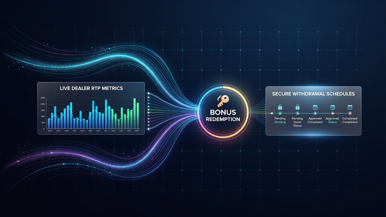 Diagram showing RTP metrics flowing into bonus redemption and withdrawal schedule processes